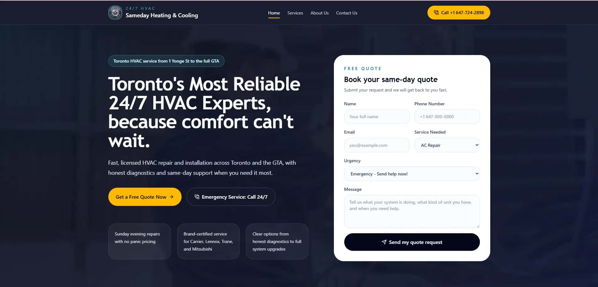 SameDay Heating & Cooling — Toronto HVAC website preview