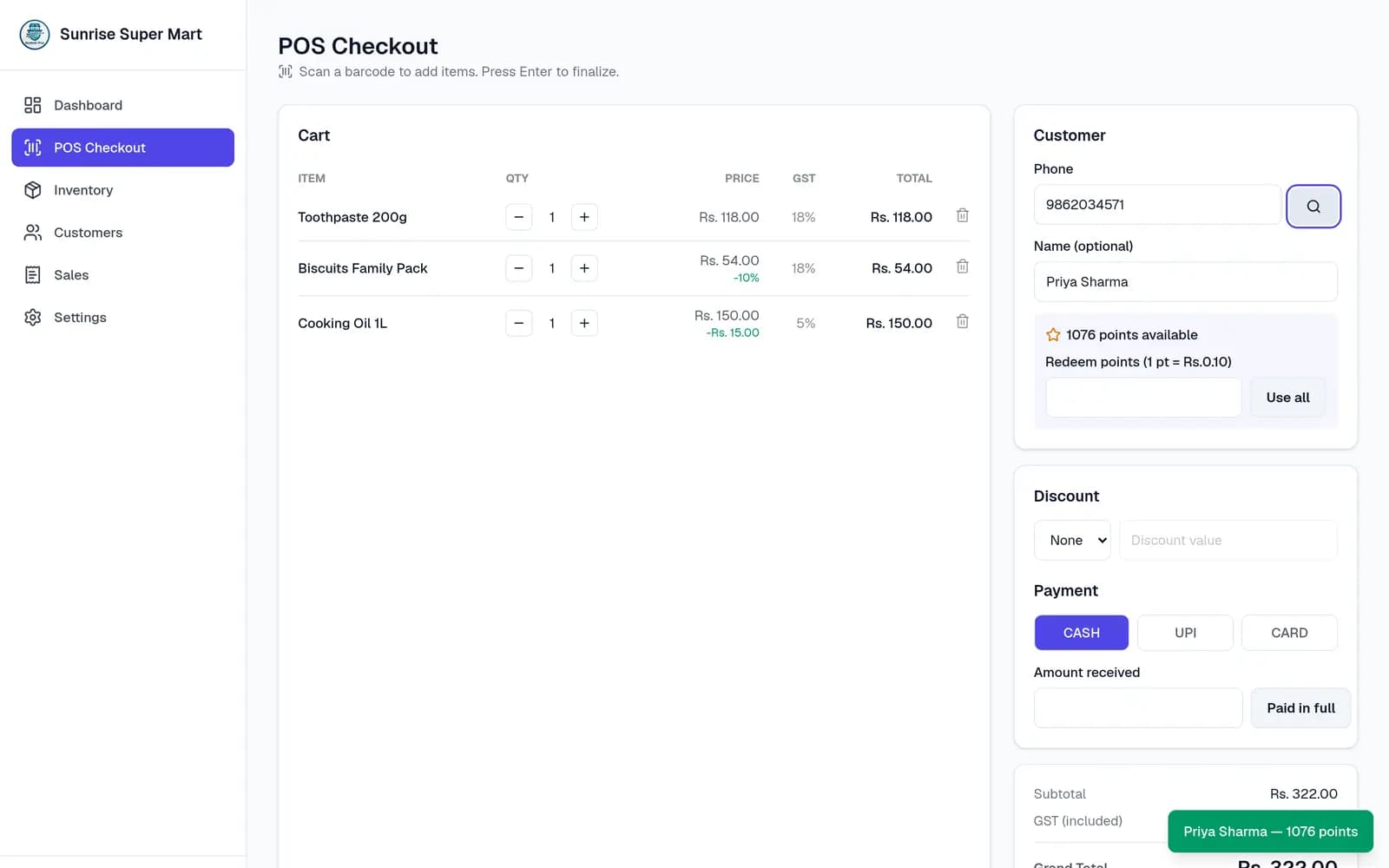 Nodedr POS checkout screen with a scanned cart, per-product discounts, customer loyalty points, and payment options